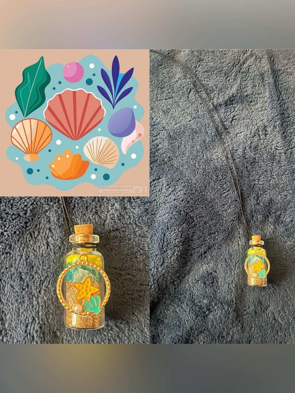 Seashell & Starfish Fairy Potion Glitter Bottle Necklace w/ Pendant